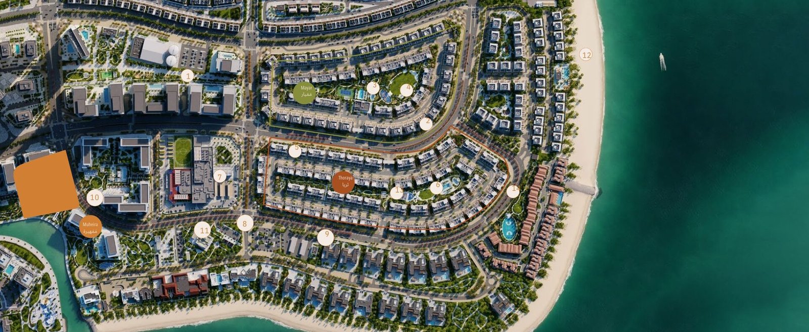 Masterplan Aerial view of Muheira Maysan coastal development with luxury homes and waterfront access.