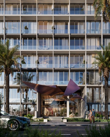 Modern high-rise building at Muheira Maysan with a unique entrance and palm trees.