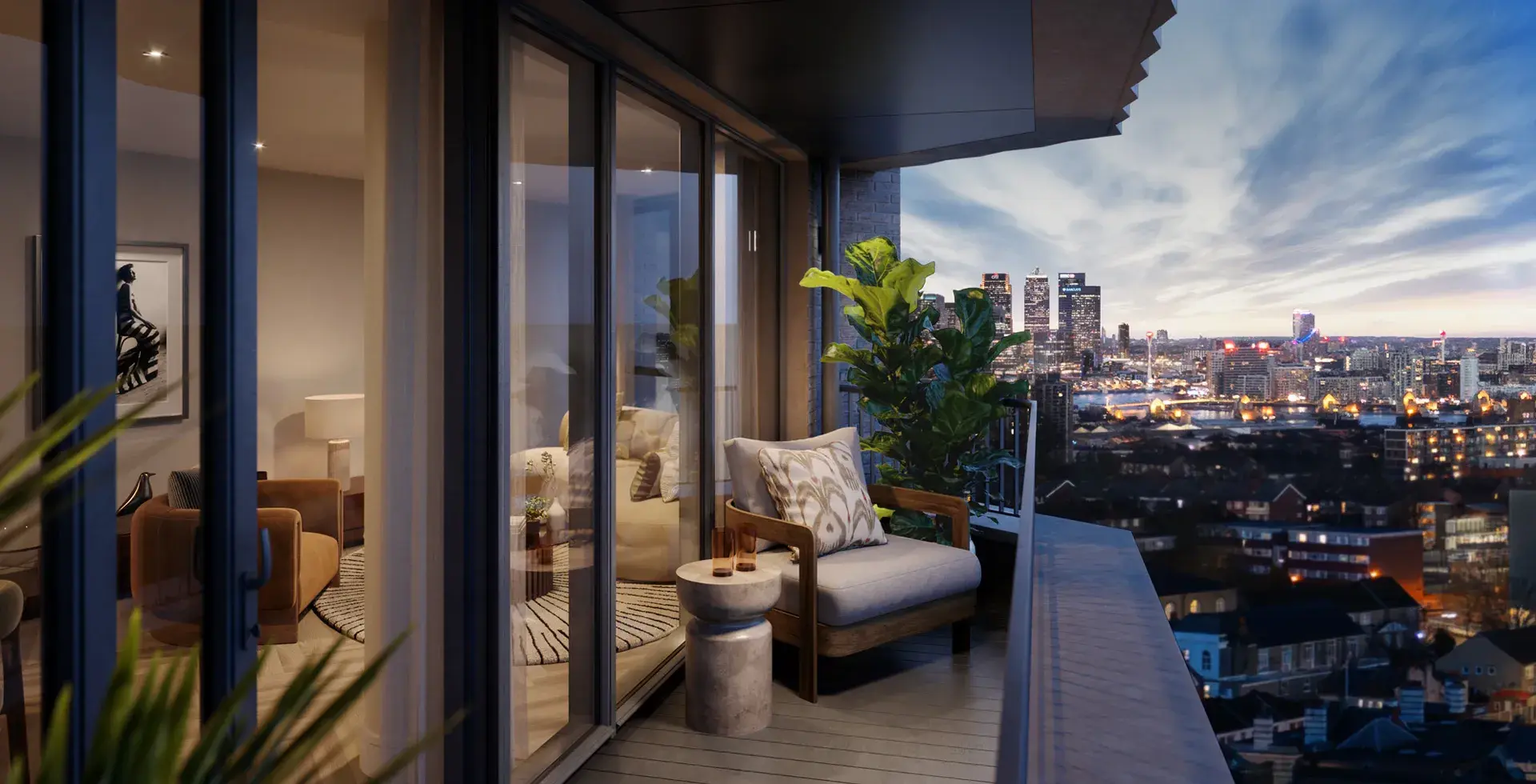 a balcony with a chair and a plant