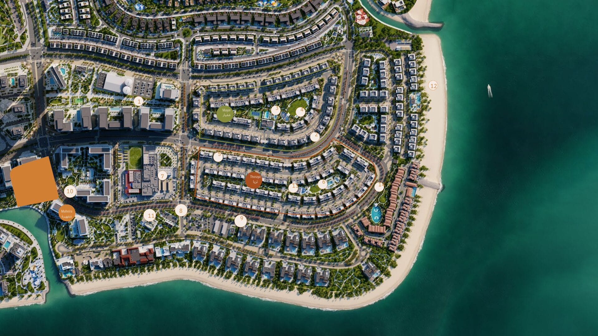 Masterplan Aerial view of Muheira Maysan coastal development with luxury homes and waterfront access.