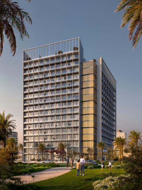 Modern high-rise building at Muheira Maysan with residents enjoying the green space and palm trees.