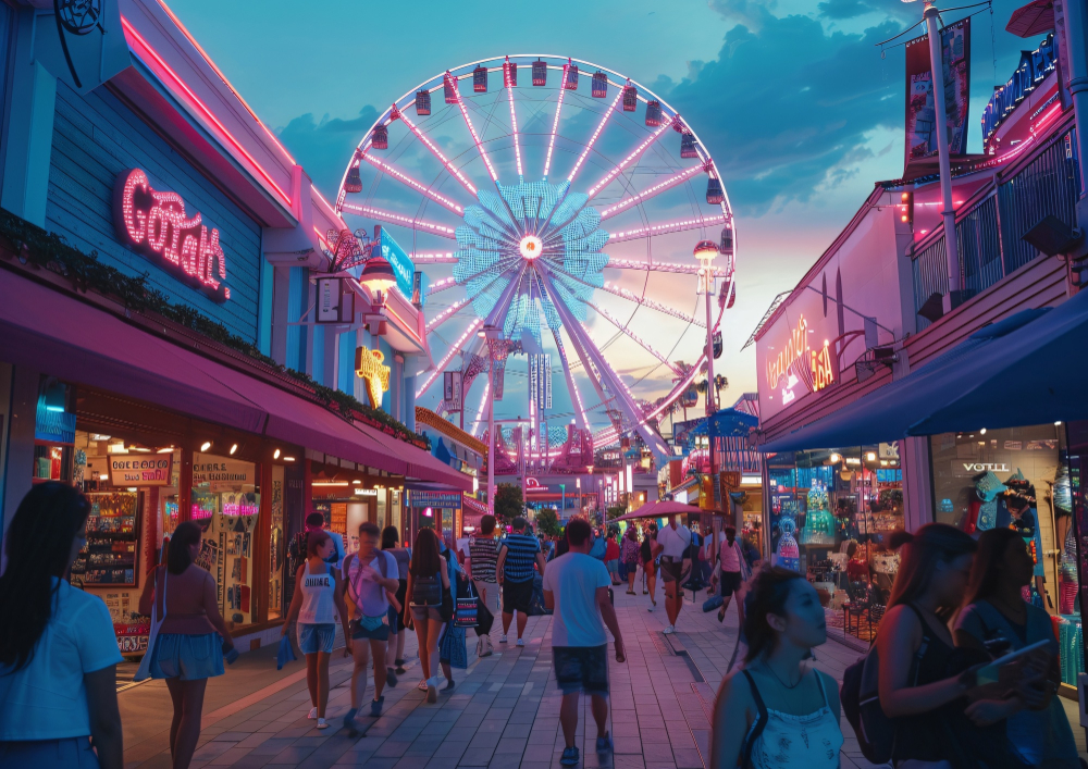 disneyland abu dhabi retail stores with ferris wheel in the back
