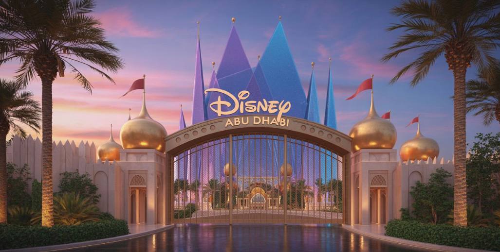 disneyland abu dhabi entrance with disney castle at the background