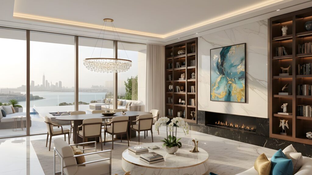 penthouse for sale in abu dhabi showing luxurious modern living space with views.