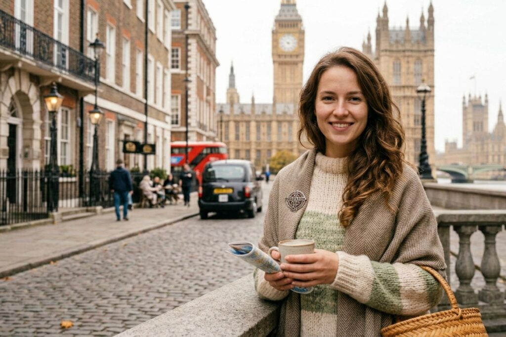 Smiling woman in Fifty Brook Green London street scene