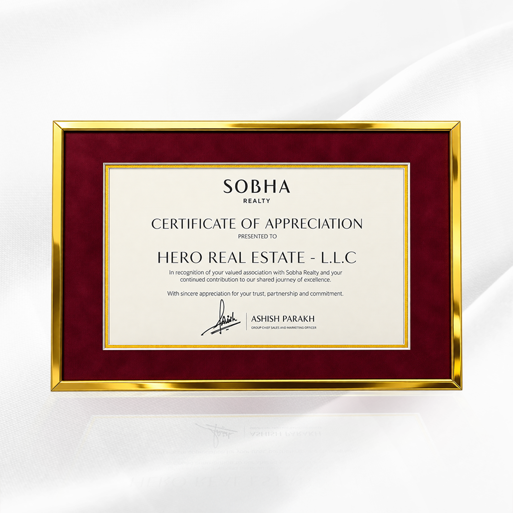Sobha Realty Certificate of Appreciation presented to Hero Real Estate August 2026