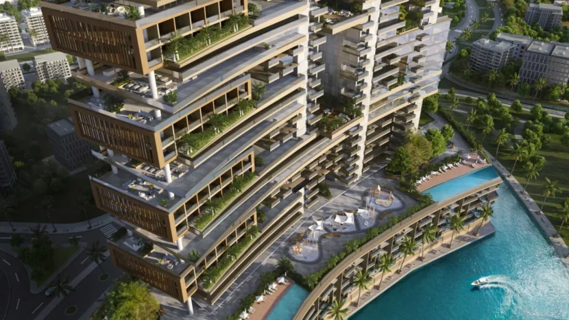 Aerial view of Radiant Marina Towers luxury waterfront residences in Al Reem Island, Abu Dhabi