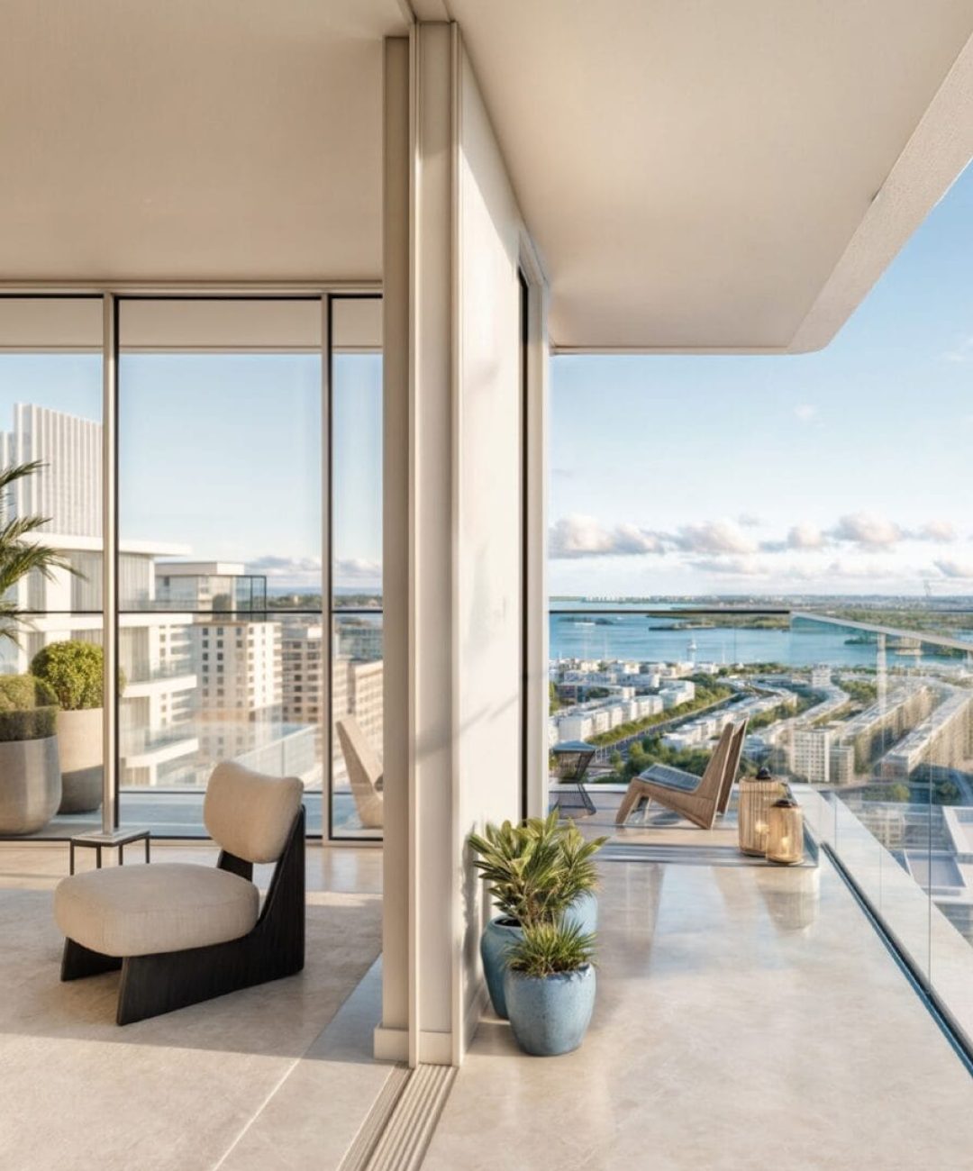 Modern balcony with city and water view at Muheira Maysan, featuring stylish seating and plants.